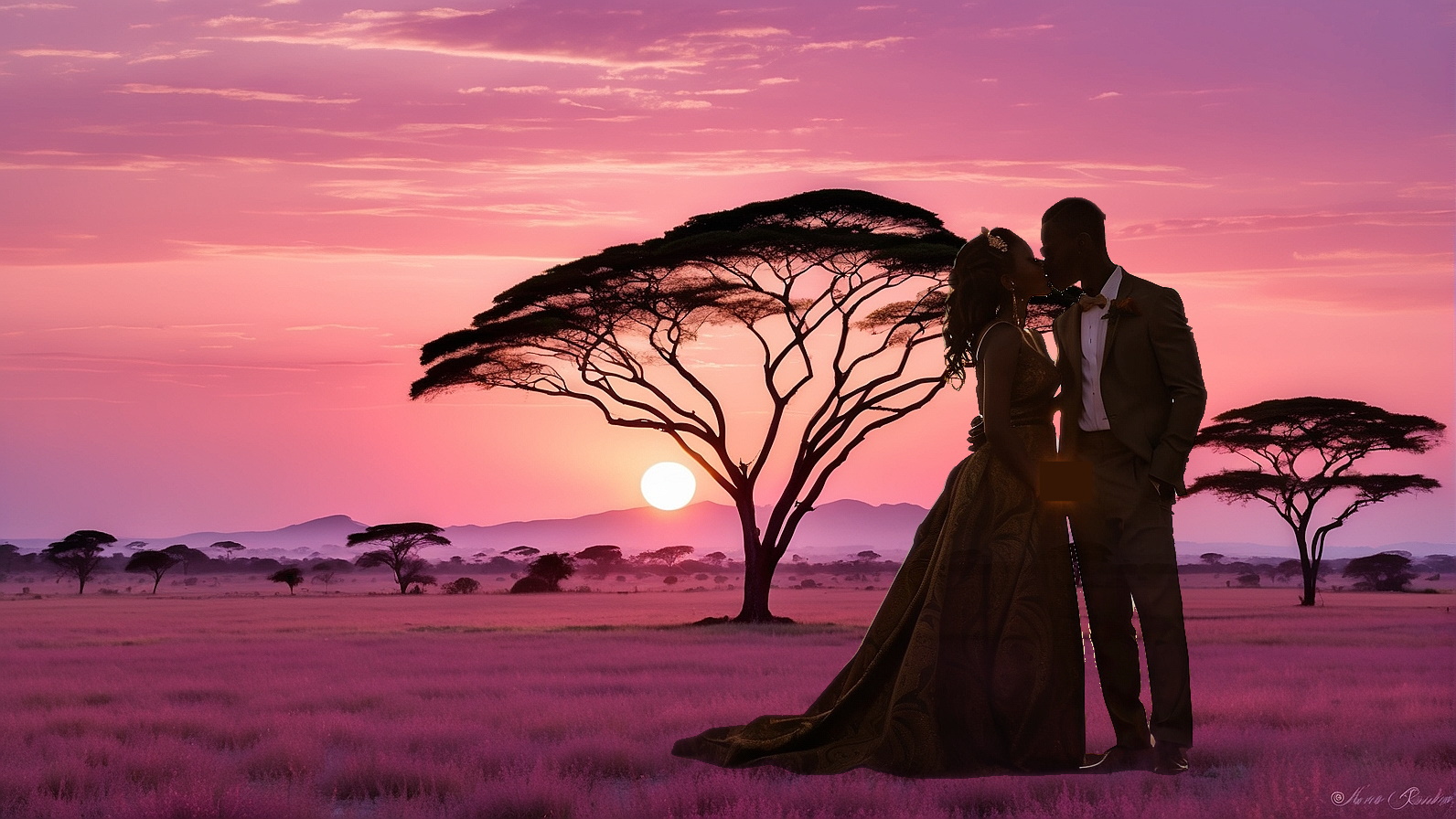 Young couple in pink sunset