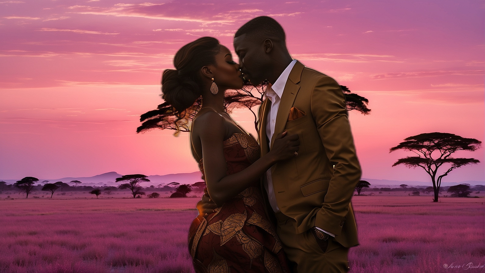 Young Couple kissing in Pink Sunset
