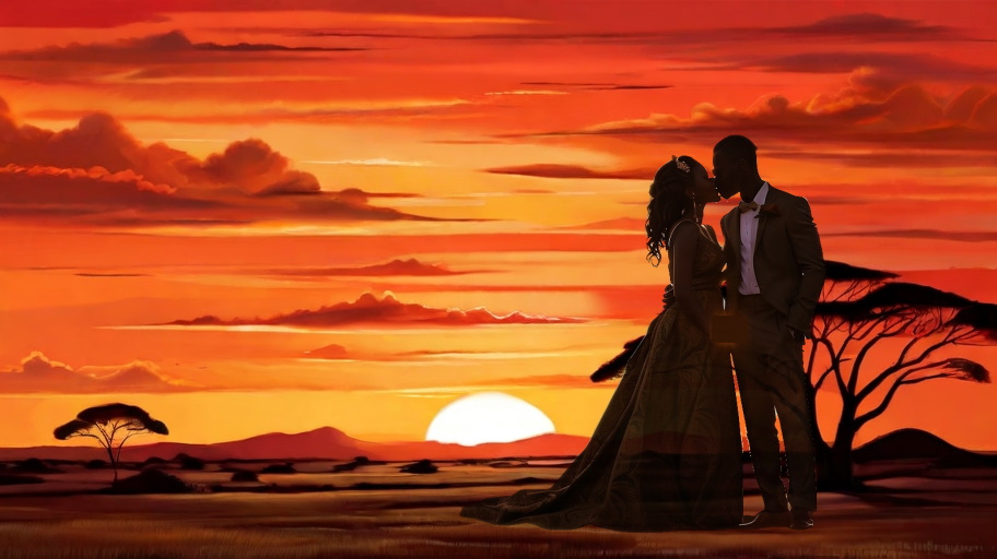 Young couple in red sunset